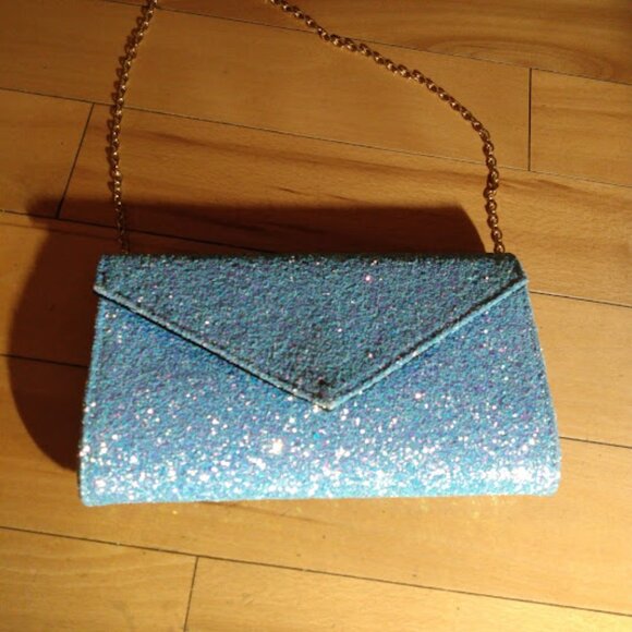 Glitter aqua evening bag envelop design. Use as a clutch or shoulder bag. - Picture 1 of 7